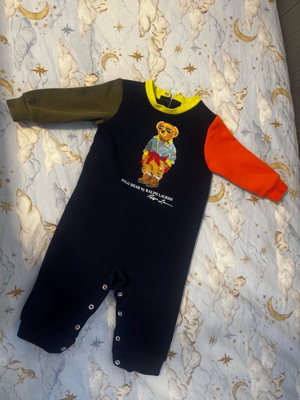 Ralph Lauren Navy One-Piece with Orange Sleeve, Olive Sleeve & Yellow Collar
